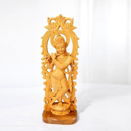 Handmade Wood Krishna Idol with Peacock Frame